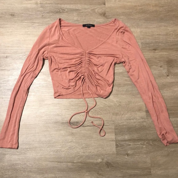 Ambiance Tops - Pink Crop Top Long Sleeve Drawstring V-neck